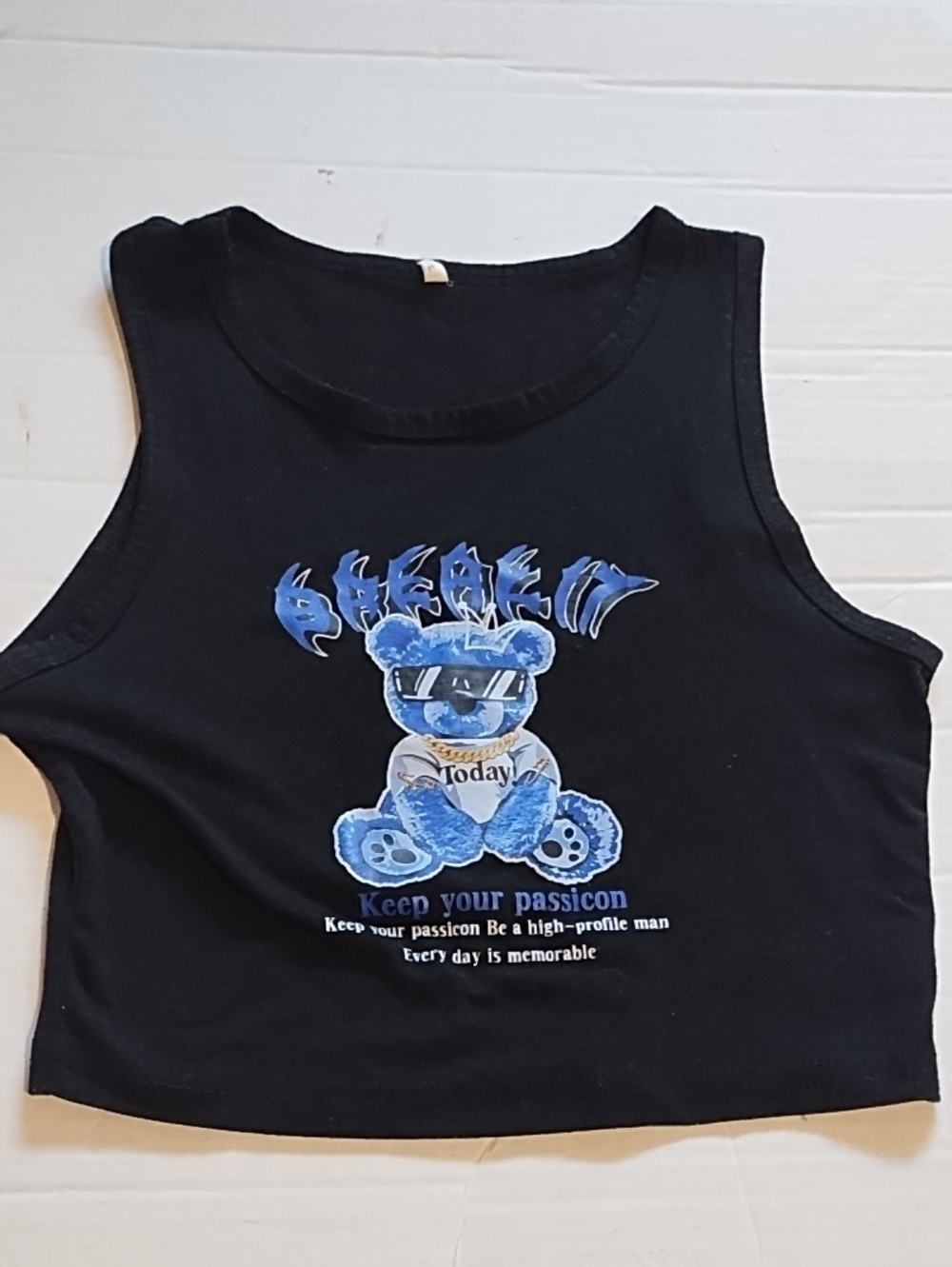 Black Graphic Kids Tank Top with Blue Teddy Design (S) - Picture 1 of 6